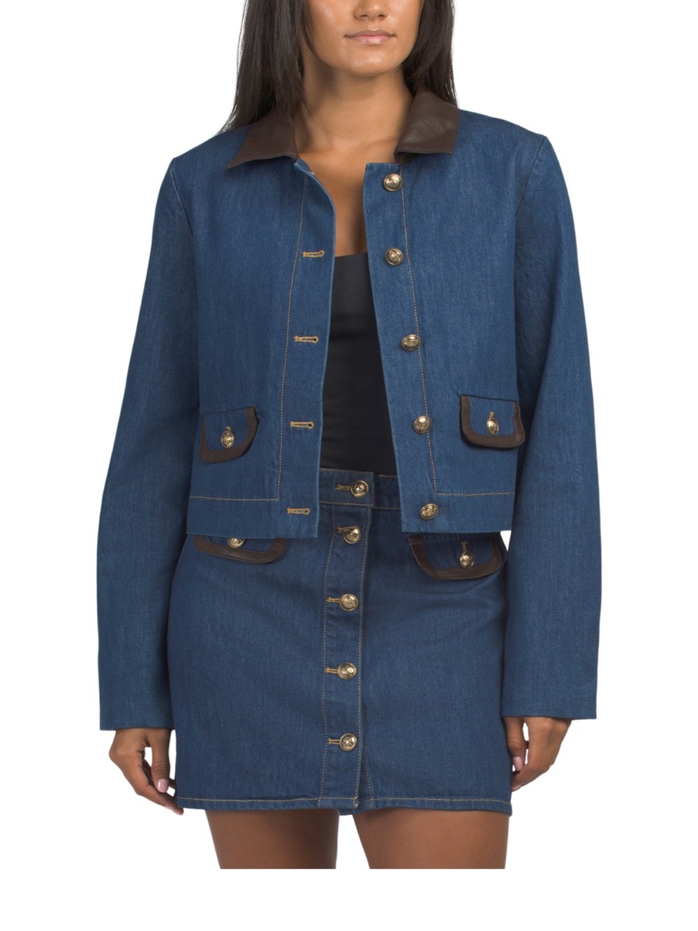 House of Harlow 1960 Blue Denim Jacket with Brown Trim